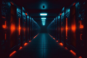 Dark datacenter corridor, with server racks on each side, with working servers with blinking orange lights