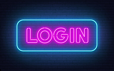 Login neon sign on brick wall background.