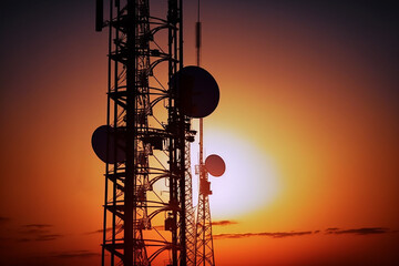Telecommunication tower Antennas with sunset, AI digital illustration.