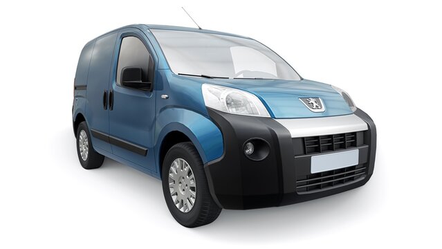 Paris, France. February 1, 2023. Dark blue Peugeot Bipper on a white background. A small commercial car-based delivery van for the narrow streets of old towns. Courier delivery of orders. 3d rendering