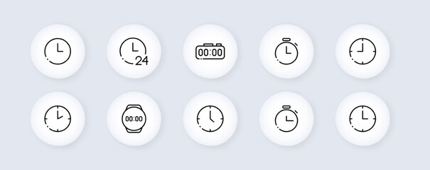 Clock neomorphic line icons set. Call, appeal, timer, stopwatch, deadline, speed, available, communication, help, call center, around the clock. business concept. Vector neomorphic line icons set