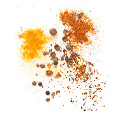 Kinds of seasoning paprika, turmeric or curcuma, black pepper allspice isolated on white, top view