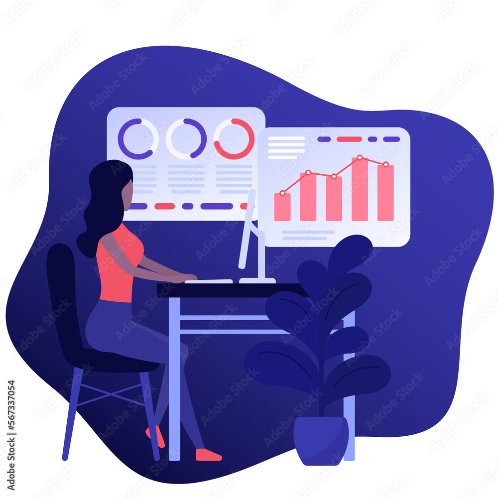 Wall mural data analytics, girl working with business data