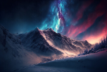 Northern landscape, aurora borealis, snow covered mountains  and milky way stars at sky. Generative AI.