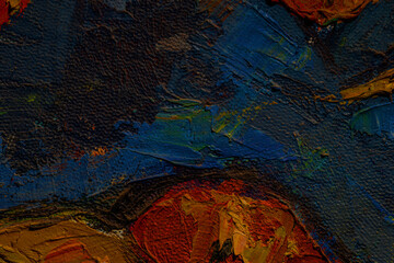 Abstract background closeup of a painting with brushstrokes. Rough art paint smear. Large multicolor spots of brush strokes and palette knife on the canvas