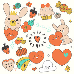 Set of big isolated hand drawn doodle for decoration in kid concept, colorful flat vector illustration