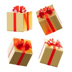 Different views of gold gift box with red ribbon isolated on white background, 3D render