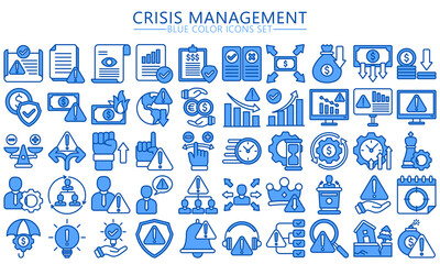 Crisis management blue color icons set. contain finance, business, document, warning, money and more. Vector EPS 10 ready convert to SVG. use for modern concept, UI or UX kit, web and app
