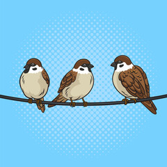 sparrows birds sparrows on wire pinup pop art retro vector illustration. Comic book style imitation.