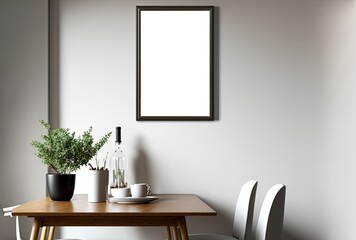Photograph of a small size blank empty poster frame mockup, white frame on the table. Generative AI.