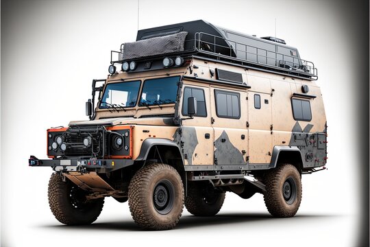 Generative AI illustration of 4x4 expedition vehicle isolated on white background