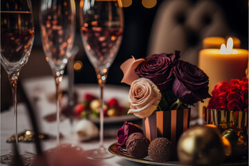 a special dinner by candlelight or Valentine's Day, with champagne, roses and beautiful chocolates in a romantic setting
