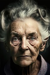 Generative AI illustration close up portrait of old woman with while hair, natural light, sharp, detailed face, magazine, press, photo