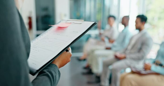 Waiting room, job interview and people call for opportunity, choice or decision with checklist in Human Resources. Selection hand sign, woman success and recruitment person for hiring, cv and resume