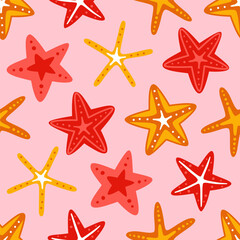 Vector seamless pattern with starfish on a pink background. Summer sea print.