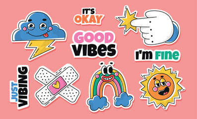 Thundercloud, pointing hand, funny rainbow, cute patch, sun and motivational inscriptions. A set of funny and cute emblems with cartoon style characters. Funny sticker pack design. 