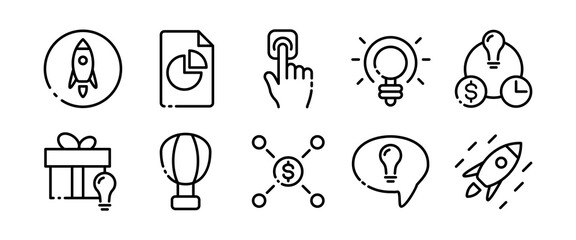 Business line icons set. Agreement, document, gift, rocket, achievements, career, diplomat, declaration, peace, signature, order, statement. finance concept. Vector black line icons set