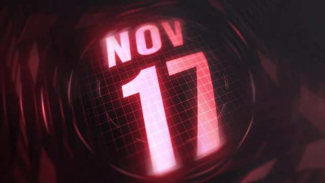 17 November in 3d motion graphic. Infrared calendar in futuristic and tech glowing neon for takes, commemoratives in led and etc. 4k in loop