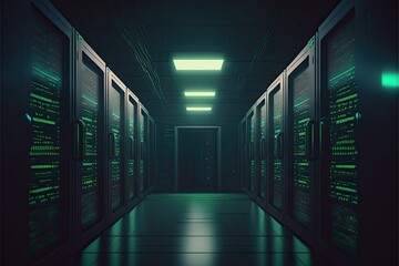 Generative AI illustration of dark servers data center room with computers and storage systems and glowing elements