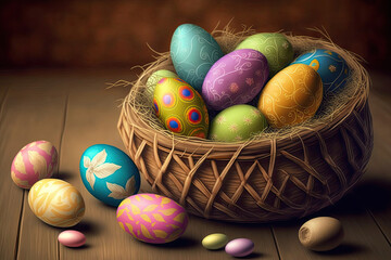 Multi-colored painted Easter eggs in a basket.