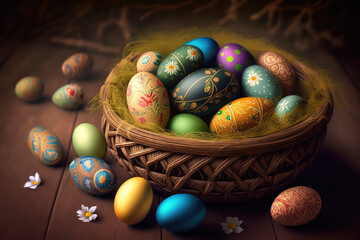 Multi-colored painted Easter eggs in a basket.
