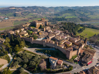 Obraz premium Italy, February 2023: aerial view of the medieval village of Gradara in the Province of Pesaro Urbino in the Marche region