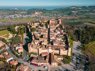Italy, February 2023: aerial view of the medieval village of Gradara in the Province of Pesaro Urbino in the Marche region