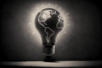 light bulb with earth continent map on it,  idea for global  environmental preservation creative idea concept, Generative Ai