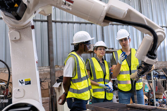 In robotic training center instructor teaching girl engineer how to operate and program robot arm