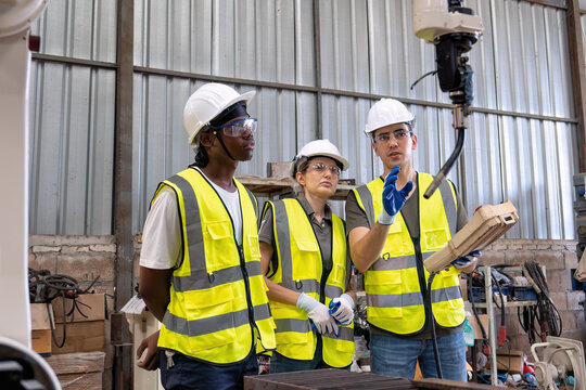 In robotic training center instructor teaching girl engineer how to operate and program robot arm