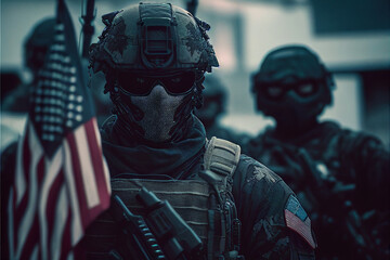 United States Navy SEALs in front of the American Flag. Tactical unit of the Special Operations Forces. Generative AI