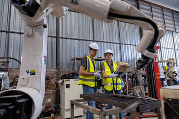 In robotic training center instructor teaching girl engineer how to operate and program robot arm