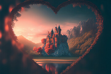 Discover the Magic of Love: Heart-Shaped Fantasy Castle in Nature. Generative AI.