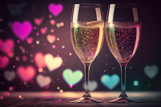 Two glasses of champagne sparkling wine. Hearts bokeh background. Generative ai.