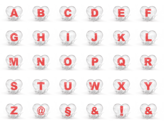 Alphabet in an ice heart with water drops for valentine's day. An idea for a banner or card.