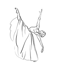 Pencil drawing, illustration. A beautiful young dancer in a dress dances expressively. Ballet, sports, gymnastics