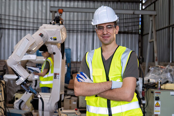Maintenance shop engineer commissioning and operate robot arm after programming smile portrait