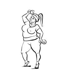 Graphic linear drawing. A fat girl is engaged in sports, fitness. Body positive