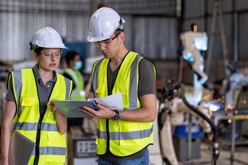 In robotic training center instructor check instruction manual with girl engineer how to operate