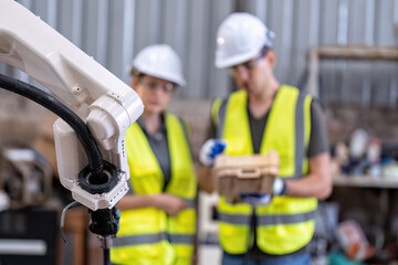 In robotic training center instructor teaching girl engineer how to operate and program robot arm