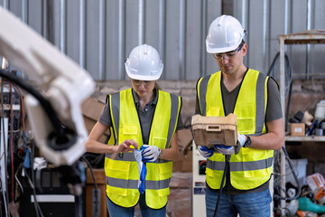 In robotic training center instructor teaching girl engineer how to operate and program robot arm