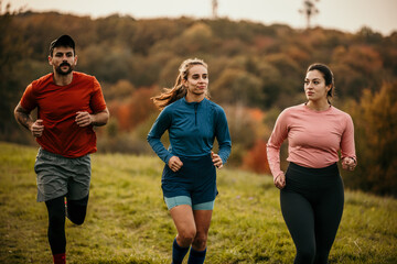 Athletic fit people exercise and jog together outdoors in nature. Sport, friends, health concept