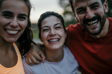 Fototapeta premium Portrait of three embraced friends jogging and smiling in a public park on autumn sunset.