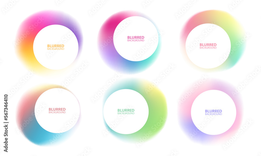 Leinwandbilder Blurred round shapes and white circles. Set of abstract backgrounds with soft color gradient round shapes for your creative graphic design. Vector illustration.	
