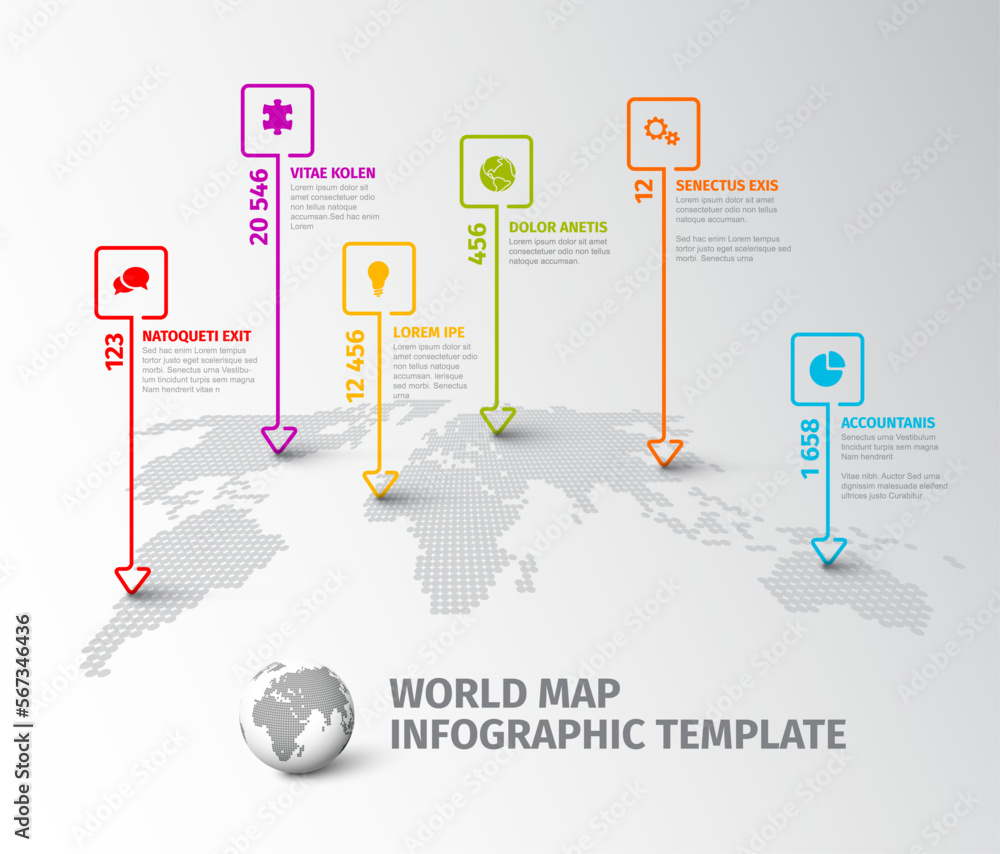 Poster light world map infographic template with thin line square pointer marks