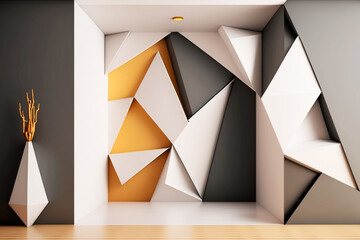 Habitación moderna con diseño de pared con figuras geométricas abstractas, generative ai.