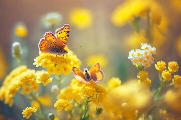 Mariposas sobre flores amarillas  al sol del atardecer, generative ai. - obrazy, fototapety, plakaty