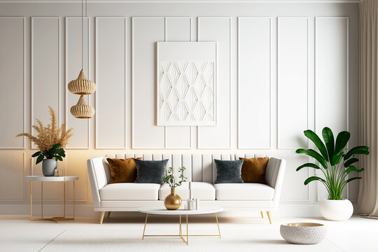 Habitación luminosa elegante moderna con decoración de interior nuevo con plantas y motivos decorativos, generative ai.