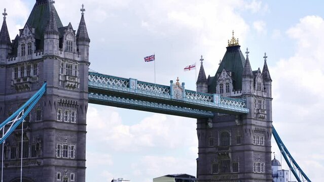 Tower Bridge in London, UK. English tourism destination, historic landmark, travel in UK. drone shot downtown London. view from River Thames. 