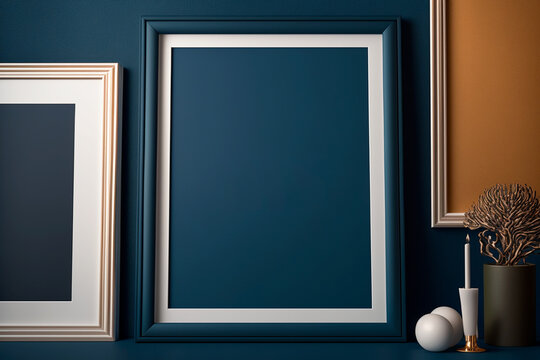 Cuadro vac&iacute;o para mock-up, marco elegante liso con decoraci&oacute;n sobre pared con detalles decorativos, generative ai.